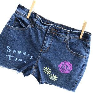 Upcycled Cato Denim Cutoff Jean Shorts, Painted Summertime Fringy, 8 Petite